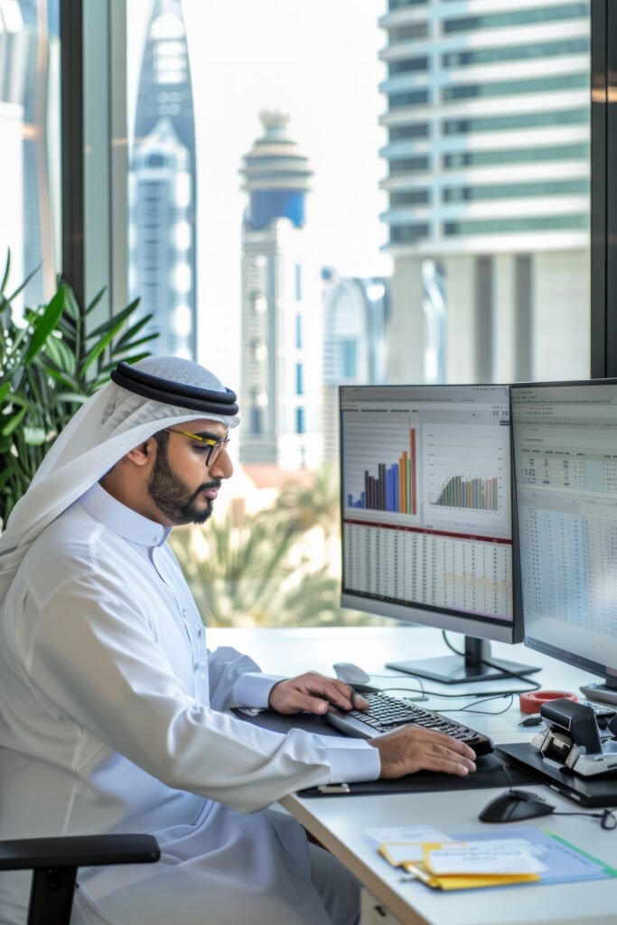 an arabian business analyst reviewing charts and graphs on a large monitor in a bright office an arabian business analyst reviewing charts and graphs on a large monitor in a bright office