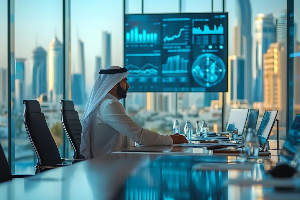 businessman modern office with city view illustration businessman modern office with city view illustration