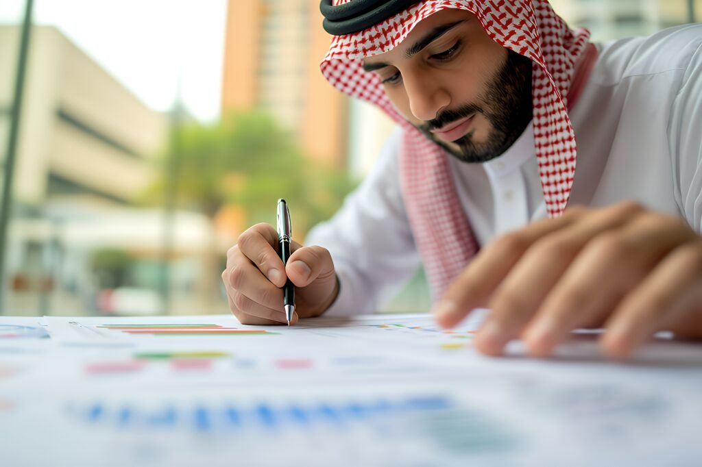 middle eastern businessman in traditional attire working on a business chart. middle eastern businessman in traditional attire working on a business chart.